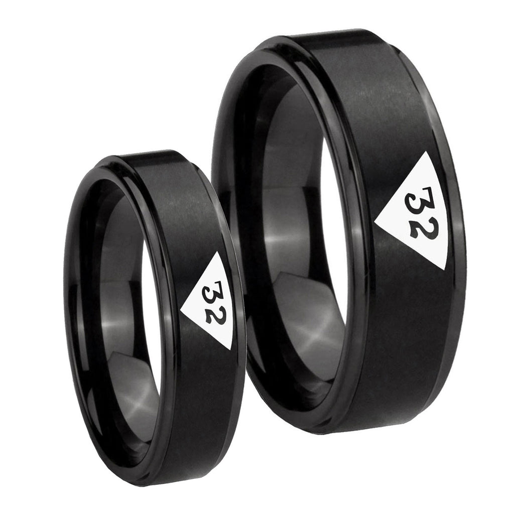 Masonic 32 Triangle Design Freemason Step Edges Brush Black Tungsten His And Hers Ring