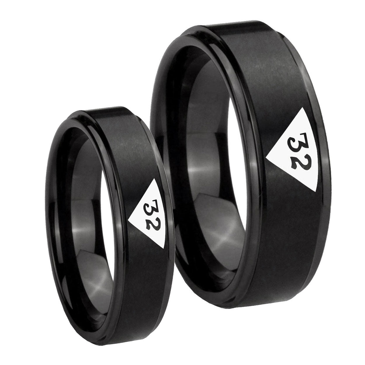 Masonic 32 Triangle Design Freemason Step Edges Brush Black Tungsten His And Hers Ring