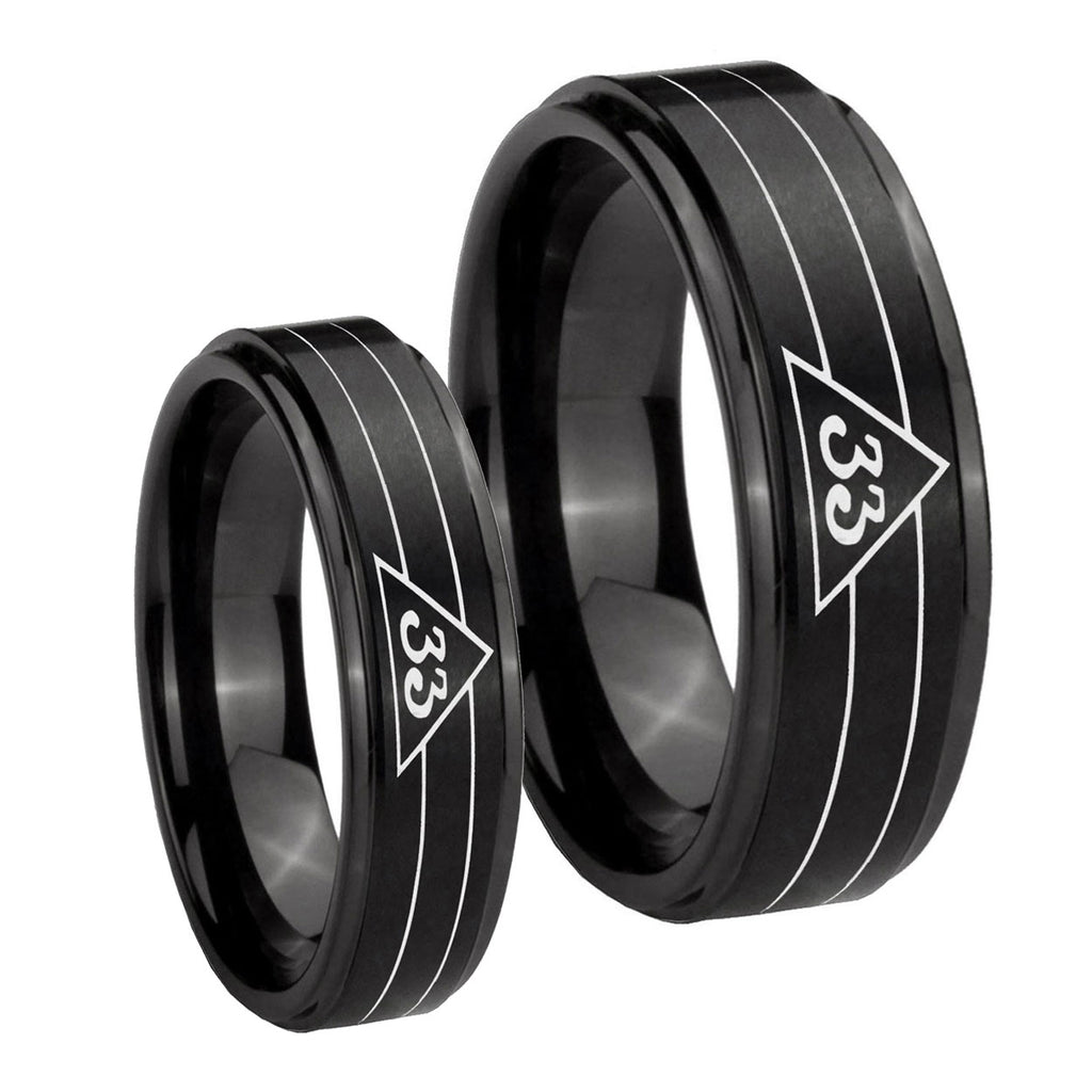 Masonic 32 Duo Line Freemason Step Edges Brush Black Tungsten Couple Rings