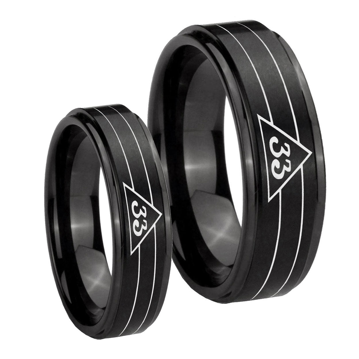 Masonic 32 Duo Line Freemason Step Edges Brush Black Tungsten Couple Rings