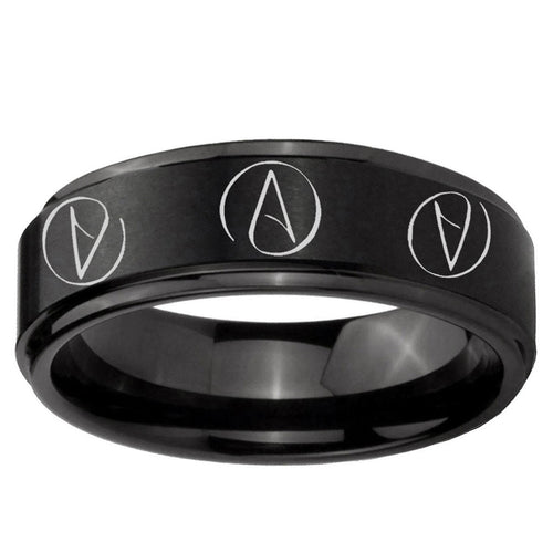 10mm Atheist Design Step Edge Brush Black Tungsten Mens Ring