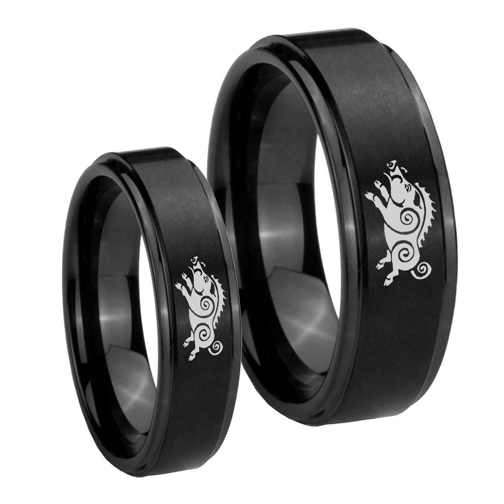 Wild Boar Step Edges Brush Black Tungsten Mens Set Ring