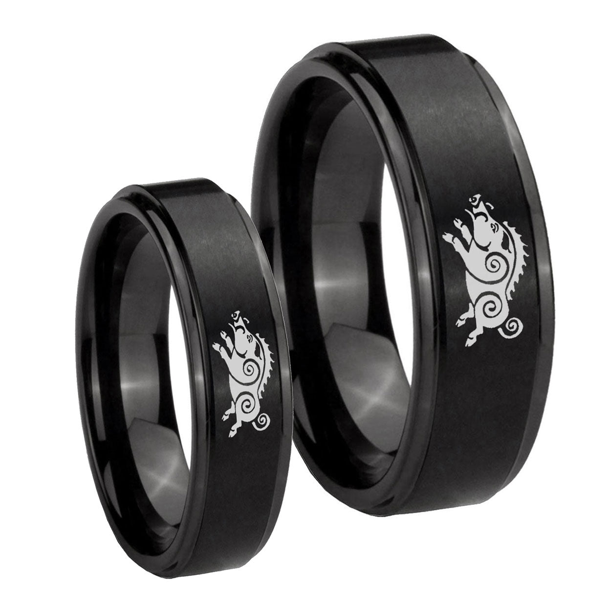 Wild Boar Step Edges Brush Black Tungsten Mens Set Ring