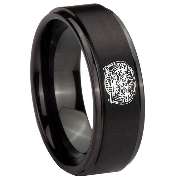 10mm-Masonic-32-Degree-Freemason-Step-Edges-Brush-Black-Tungsten-Carbide-Mens-Engagement-Band