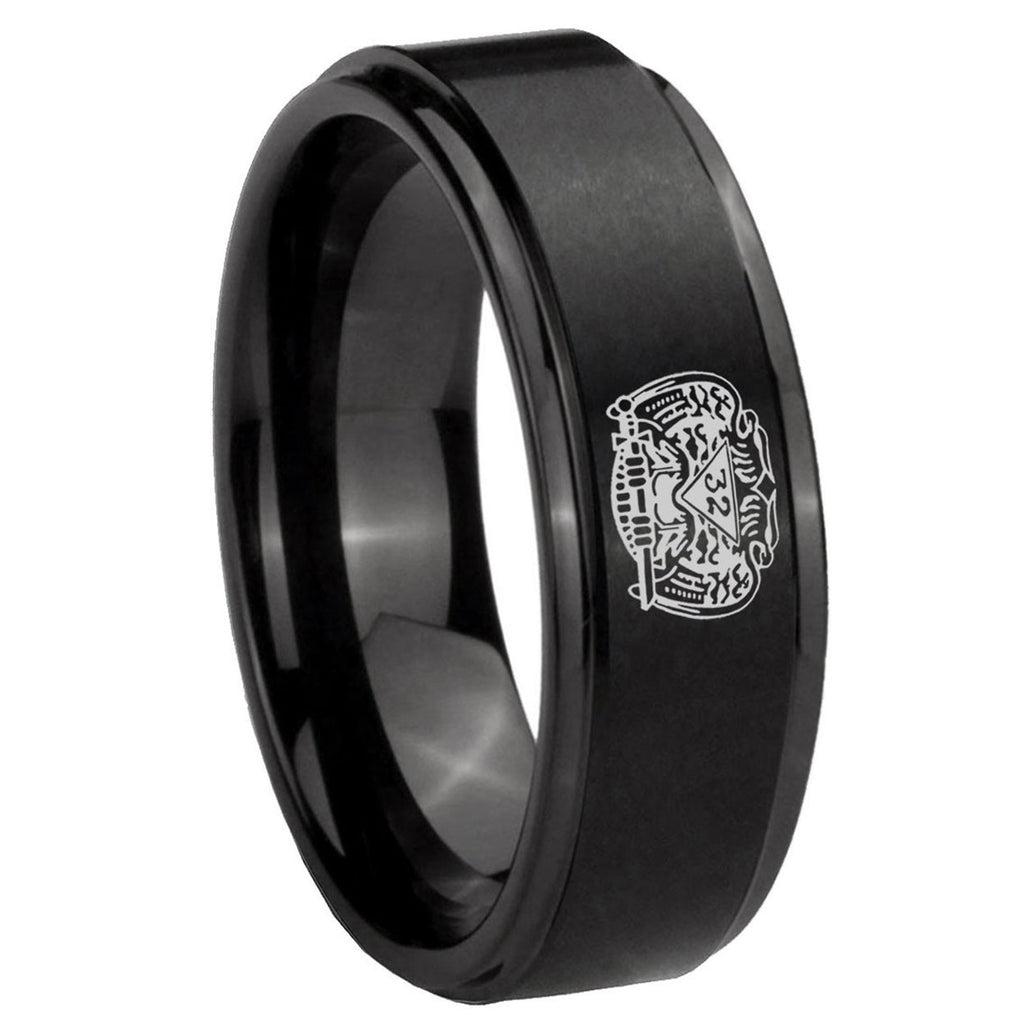 10mm Masonic 32 Degree Freemason Step Edges Brush Black Tungsten Carbide Mens Engagement Band