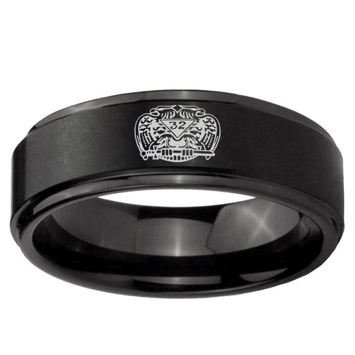 10mm Masonic 32 Degree Freemason Step Edge Brush Black Tungsten Ring