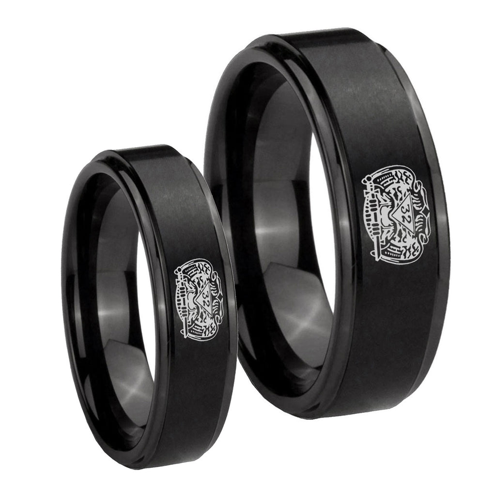 Masonic 32 Degree Freemason Step Edges Brush Black Tungsten Wedding Ring Sets