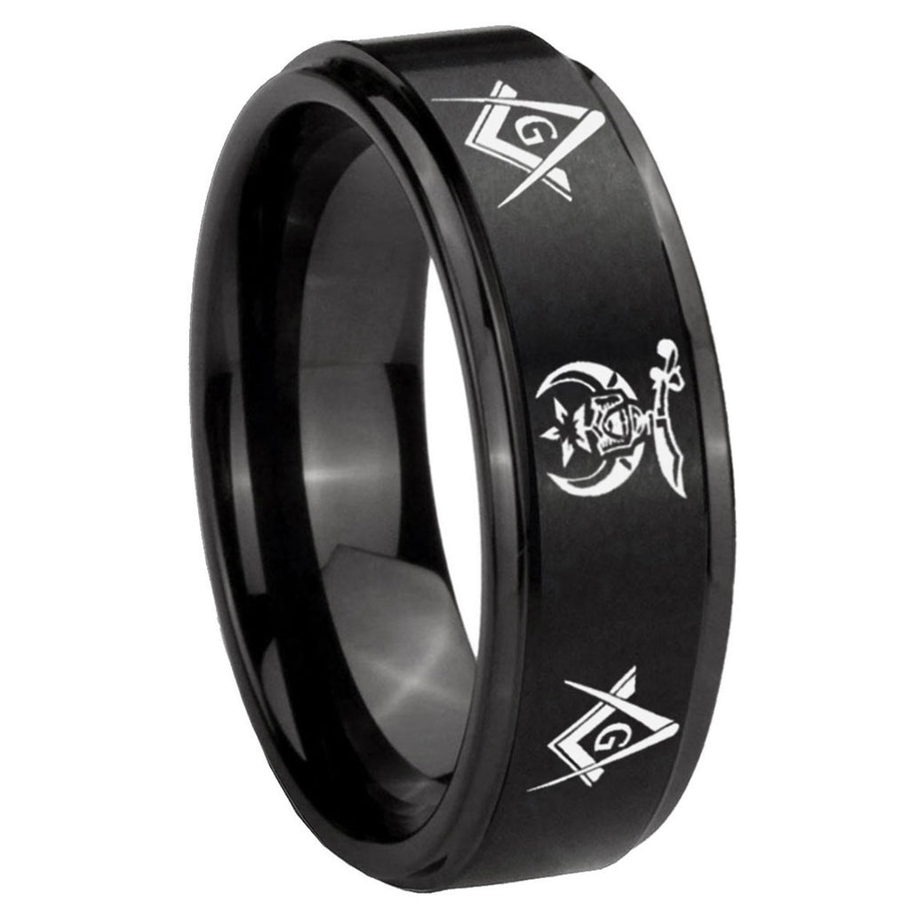 10mm Masonic Shriners Step Edges Brush Black Tungsten Wedding Bands Ring