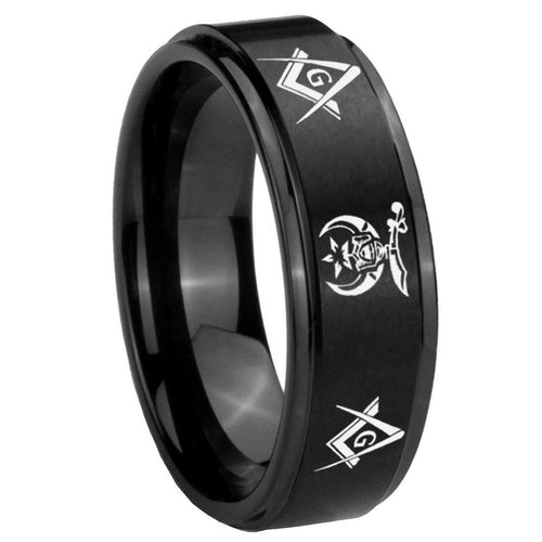 10mm Masonic Shriners Step Edges Brush Black Tungsten Wedding Bands Ring