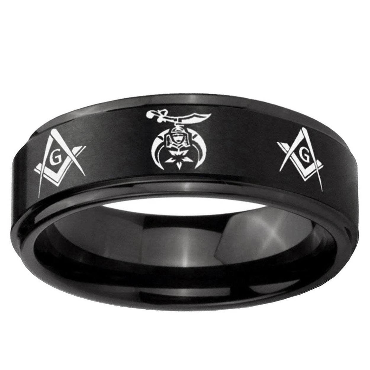 10mm Masonic Shriners Step Edge Brush Black Tungsten Wedding Bands Ring