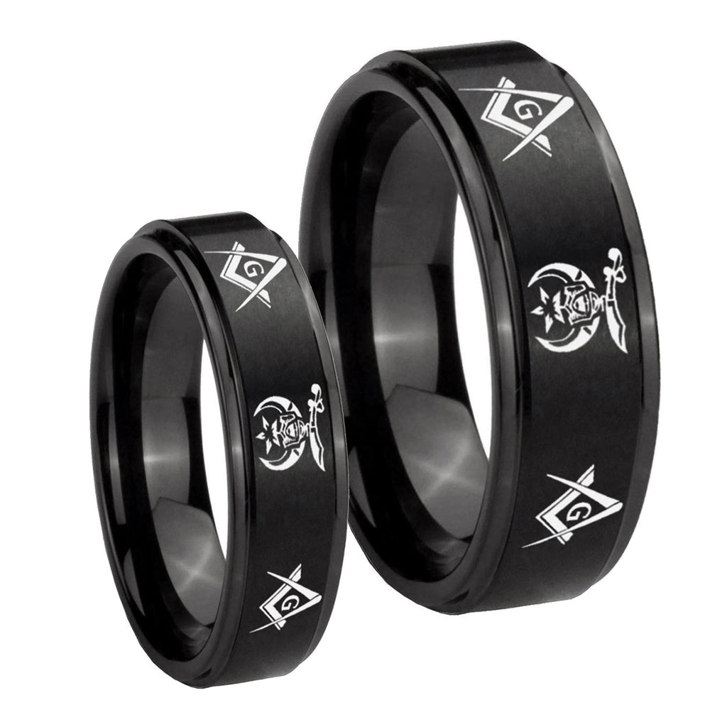 Masonic Shriners Step Edges Brush Black Tungsten Bridal Set Rings
