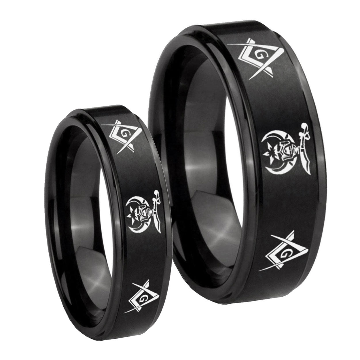 Masonic Shriners Step Edges Brush Black Tungsten Bridal Set Rings