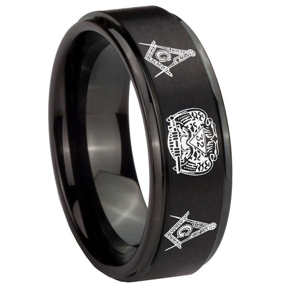 10mm-Masonic-32-Design-Step-Edges-Brush-Black-Tungsten-Mens-Engagement-Ring