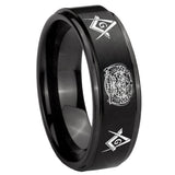 10mm Masonic 32 Design Step Edges Brush Black Tungsten Mens Engagement Ring