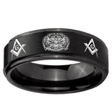 10mm Masonic 32 Design Step Edge Brush Black Tungsten Mens Engagement Ring
