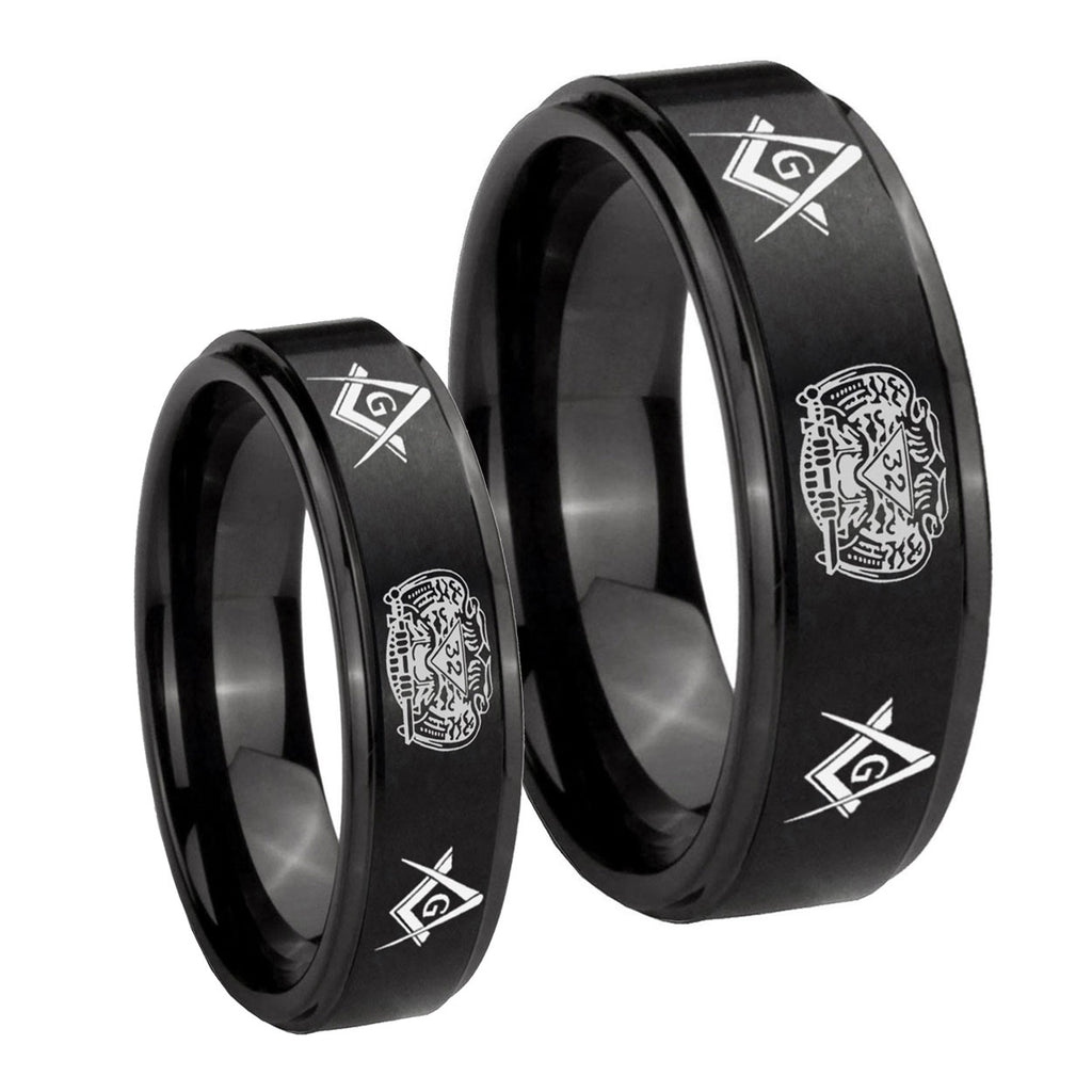 Masonic 32 Design Step Edges Brush Black Tungsten Mens Set Ring