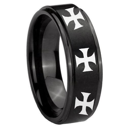 10mm Multiple Maltese Cross Step Edges Brush Black Tungsten Mens Promise Ring