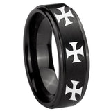 8mm Multiple Maltese Cross Step Edges Brush Black Tungsten Mens Wedding Ring