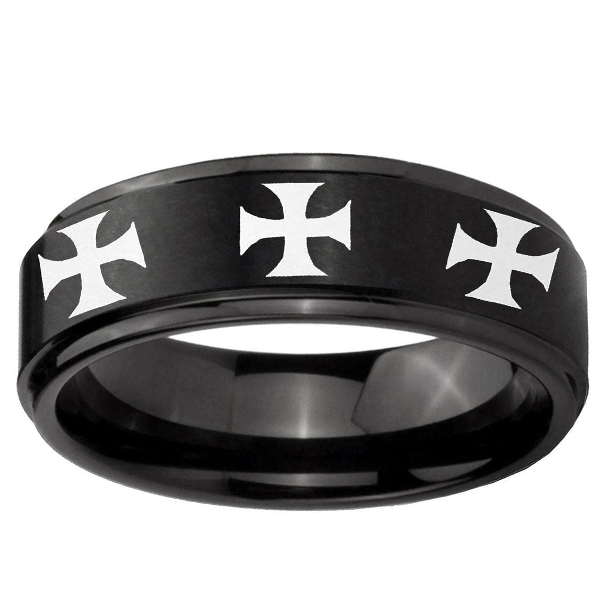 10mm Multiple Maltese Cross Step Edge Brush Black Tungsten Mens Promise Ring