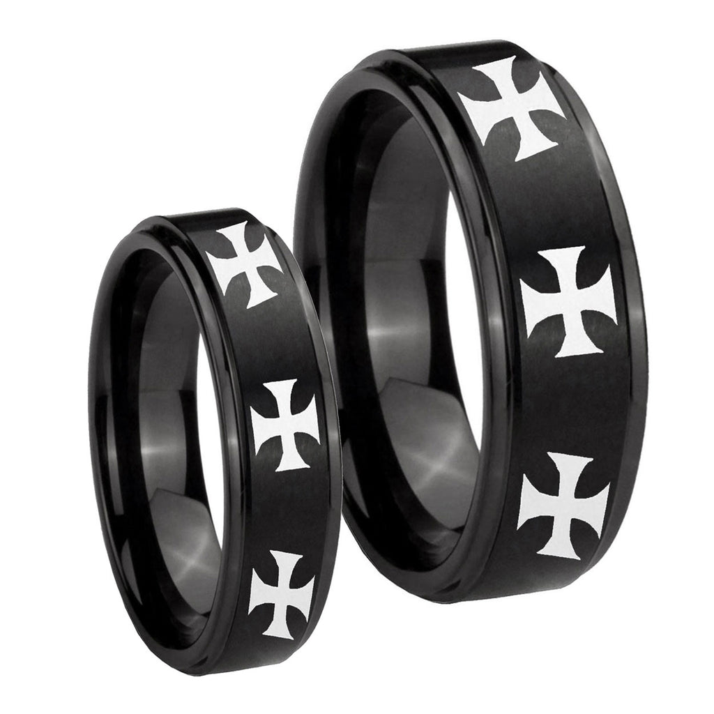 Multiple Maltese Cross Step Edges Brush Black Tungsten His Hers Set Rings
