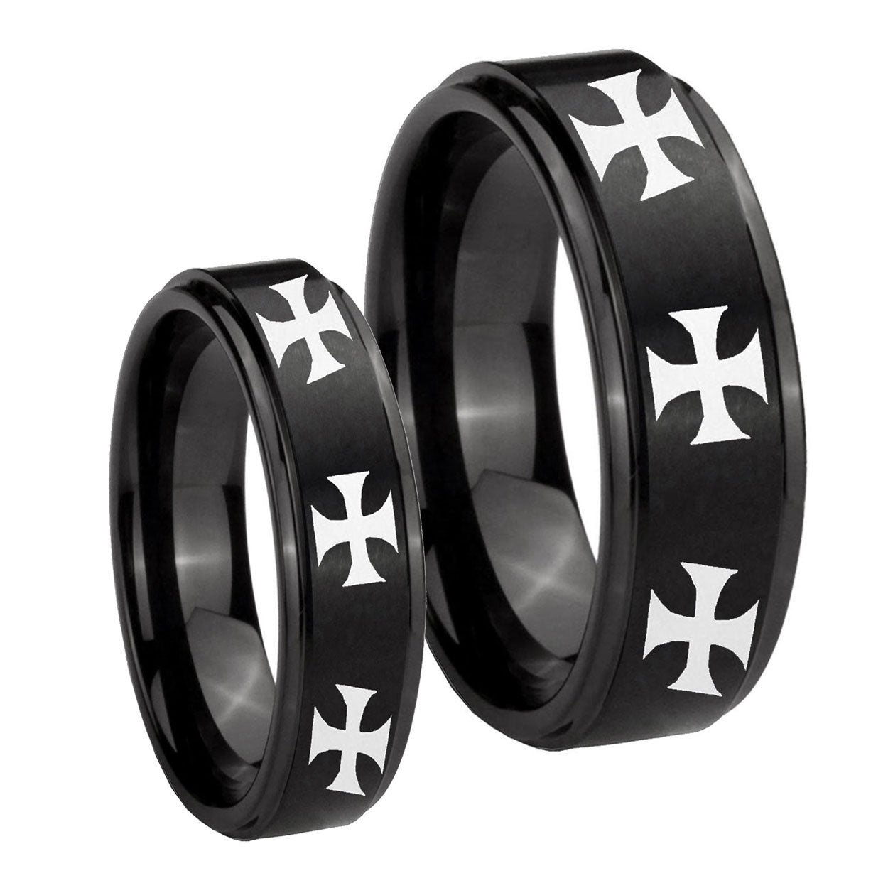 Multiple Maltese Cross Step Edges Brush Black Tungsten His Hers Set Rings