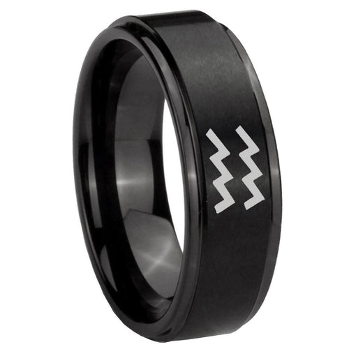 10mm Aquarius Horoscope Step Edges Brush Black Tungsten Custom Ring for Men