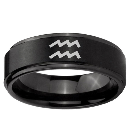 10mm Aquarius Horoscope Step Edge Brush Black Tungsten Custom Ring for Men