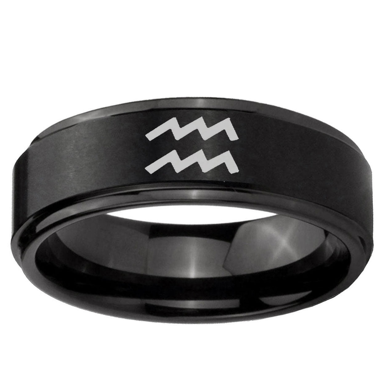 5mm Aquarius Horoscope Step Edge Black Tungsten Ring Mens