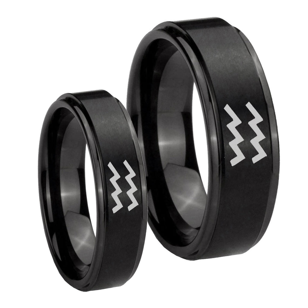 Aquarius Horoscope Step Edges Brush Black Tungsten Mens Band Set