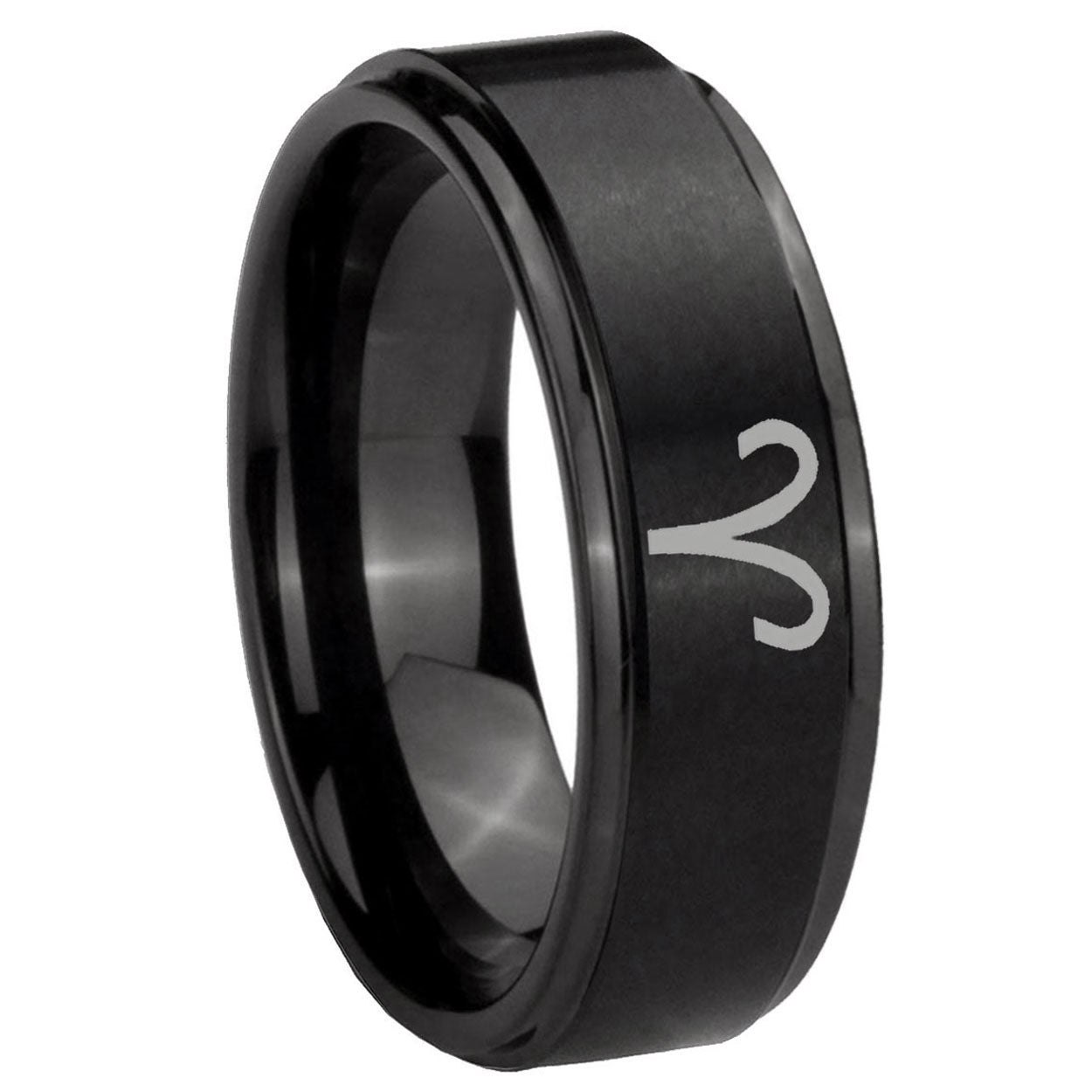 8mm Aries Zodiac Step Edges Brush Black Tungsten Ring