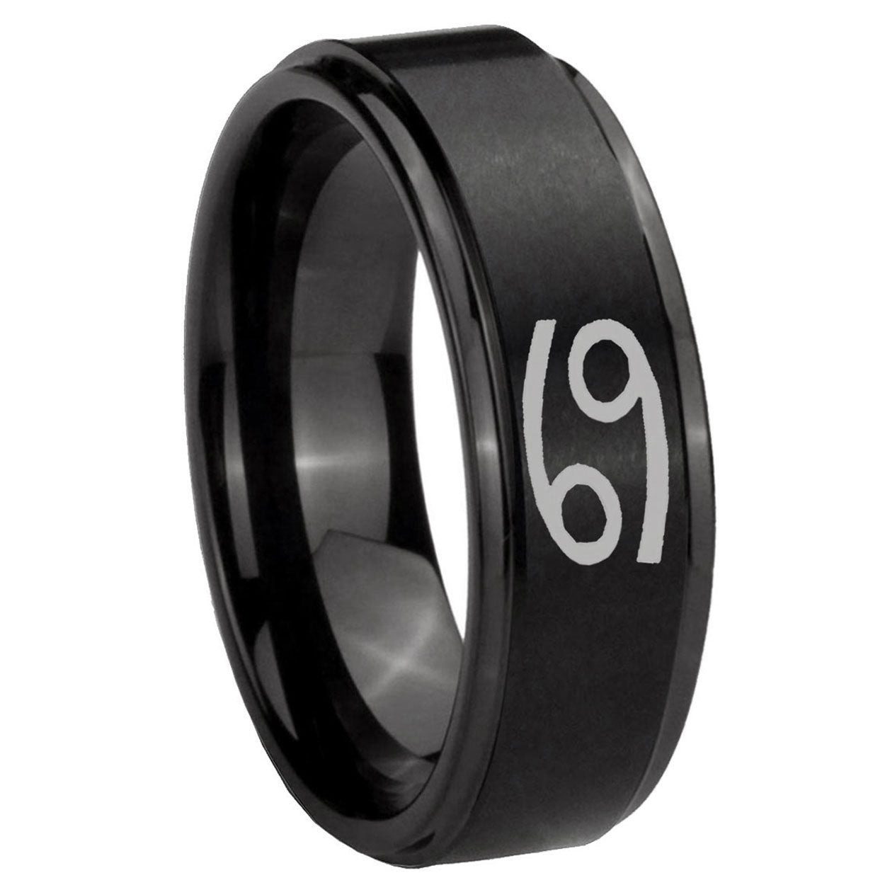 8mm Cancer Horoscope Step Edges Brush Black Tungsten Ring