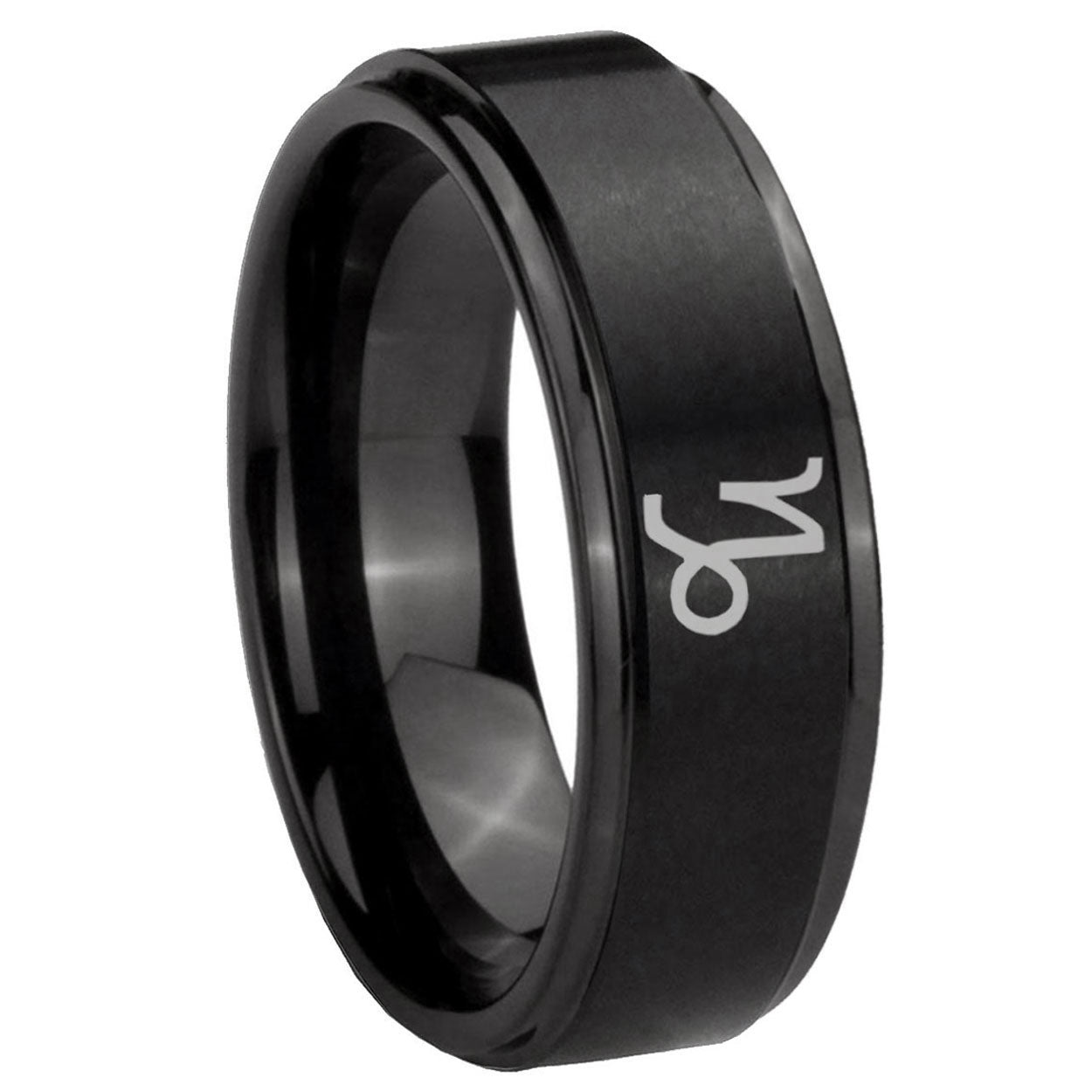 8mm Capricorn Zodiac Step Edges Brush Black Tungsten Ring