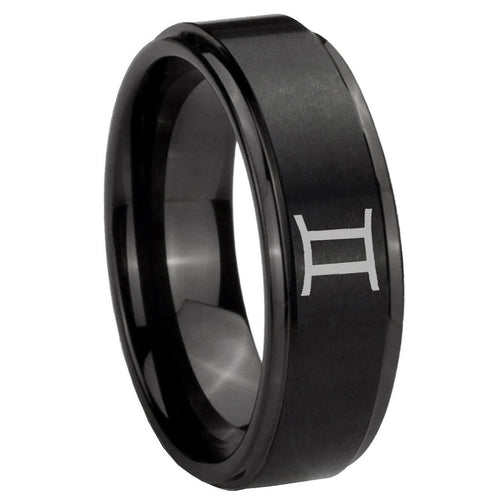 10mm Gemini Zodiac Step Edges Brush Black Tungsten Carbide Men's Band Ring