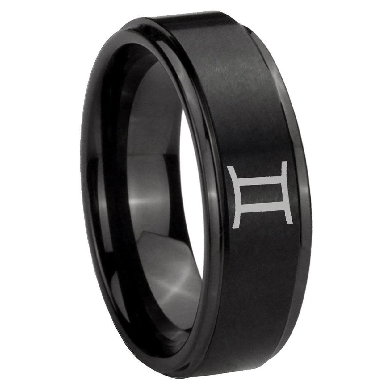 8mm Gemini Zodiac Step Edges Brush Black Tungsten Ring
