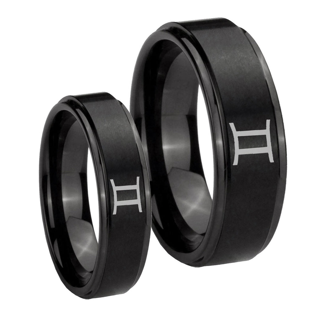 Gemini Zodiac Step Edges Brush Black Tungsten Bridal Band Set