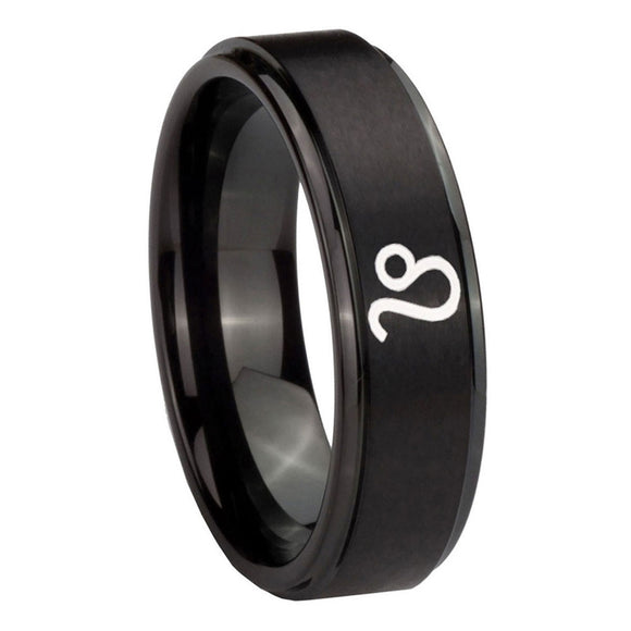 8mm-Leo-Zodiac-Step-Edges-Brush-Black-Tungsten-Carbide-Anniversary-Ring