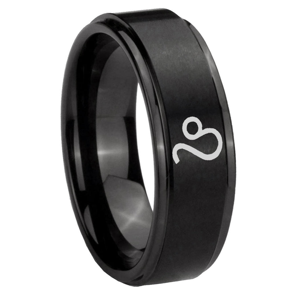10mm Leo Zodiac Step Edges Brush Black Tungsten Carbide Mens Bands Ring