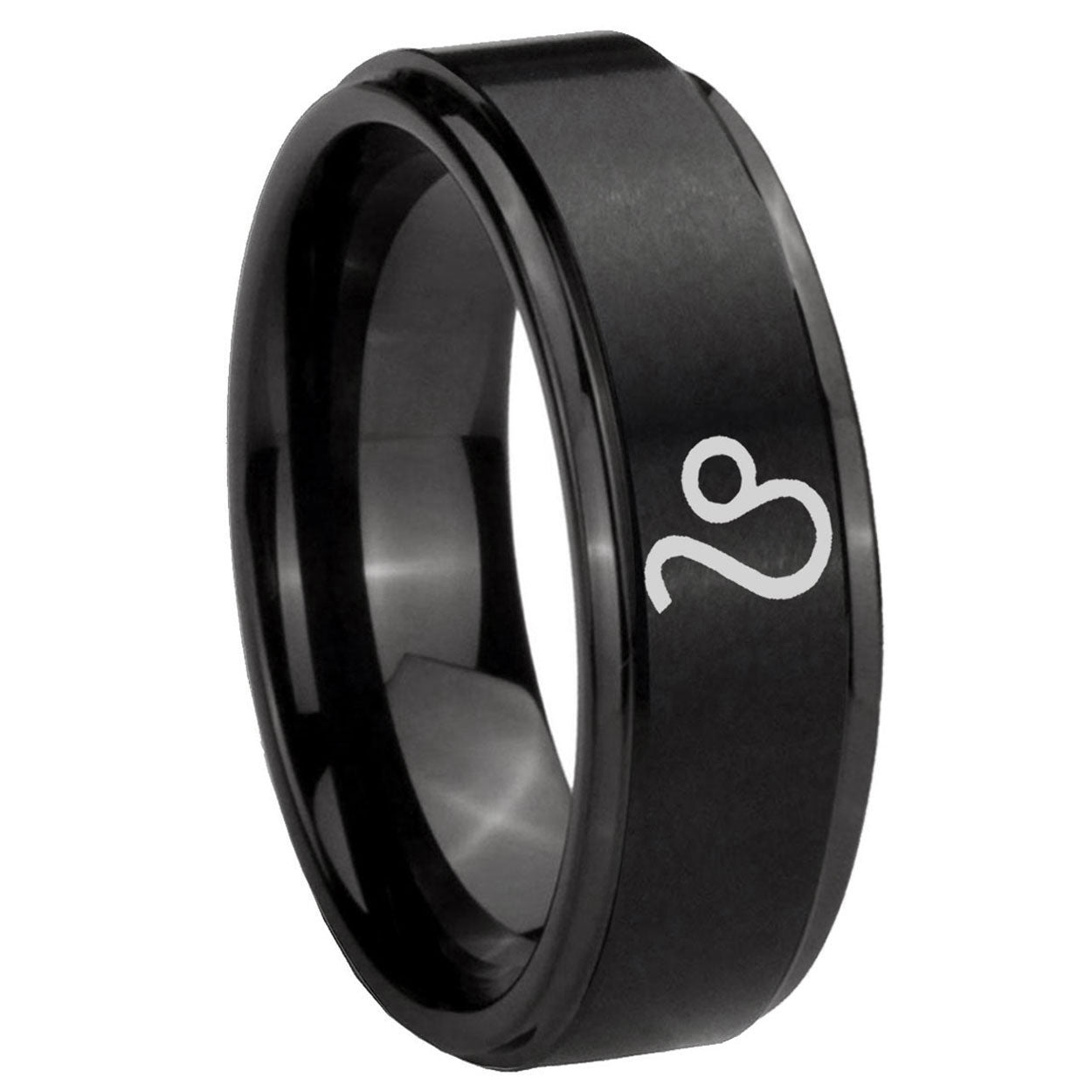 8mm Leo Zodiac Step Edges Brush Black Tungsten Ring
