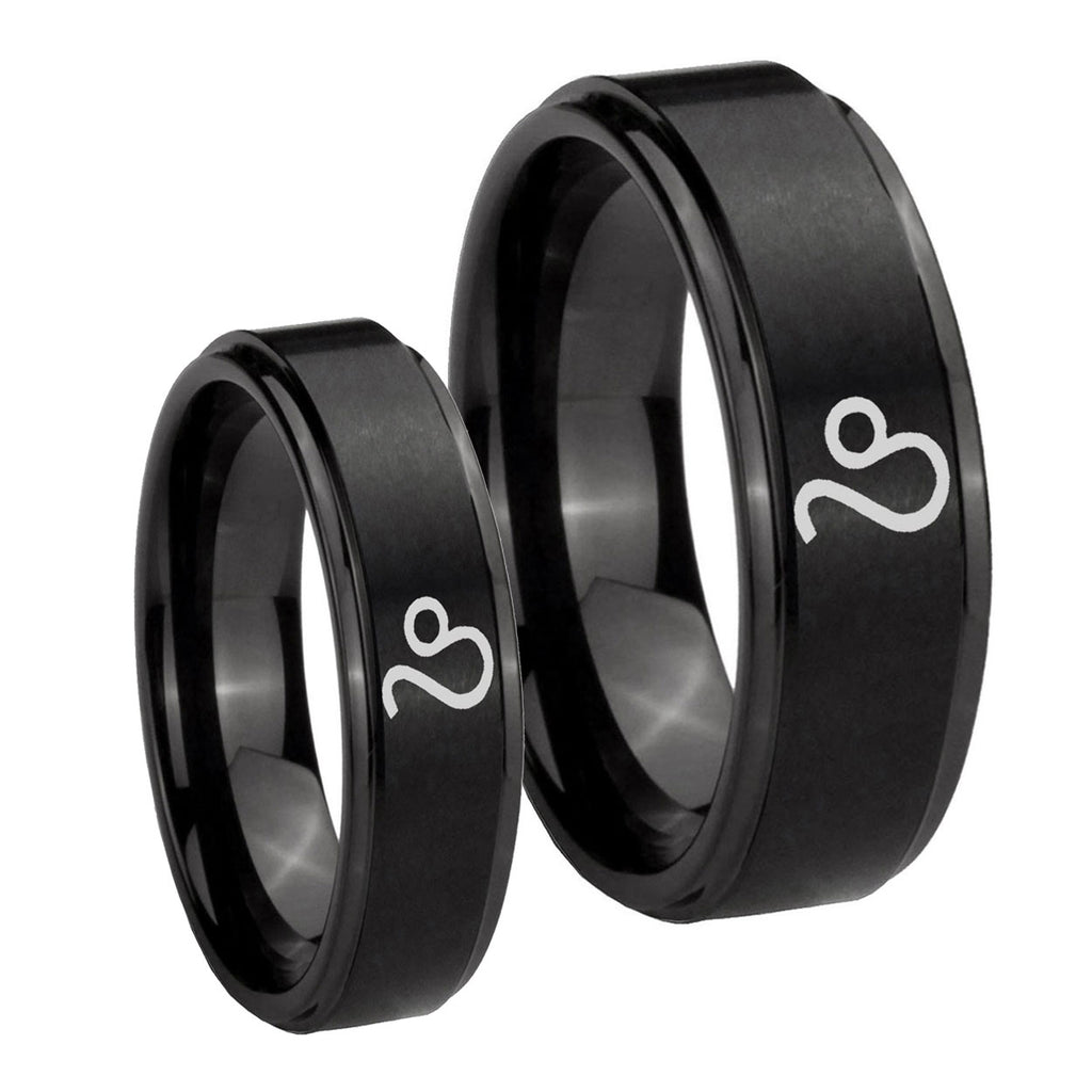 Leo Zodiac Step Edges Brush Black Tungsten Mens Band Set