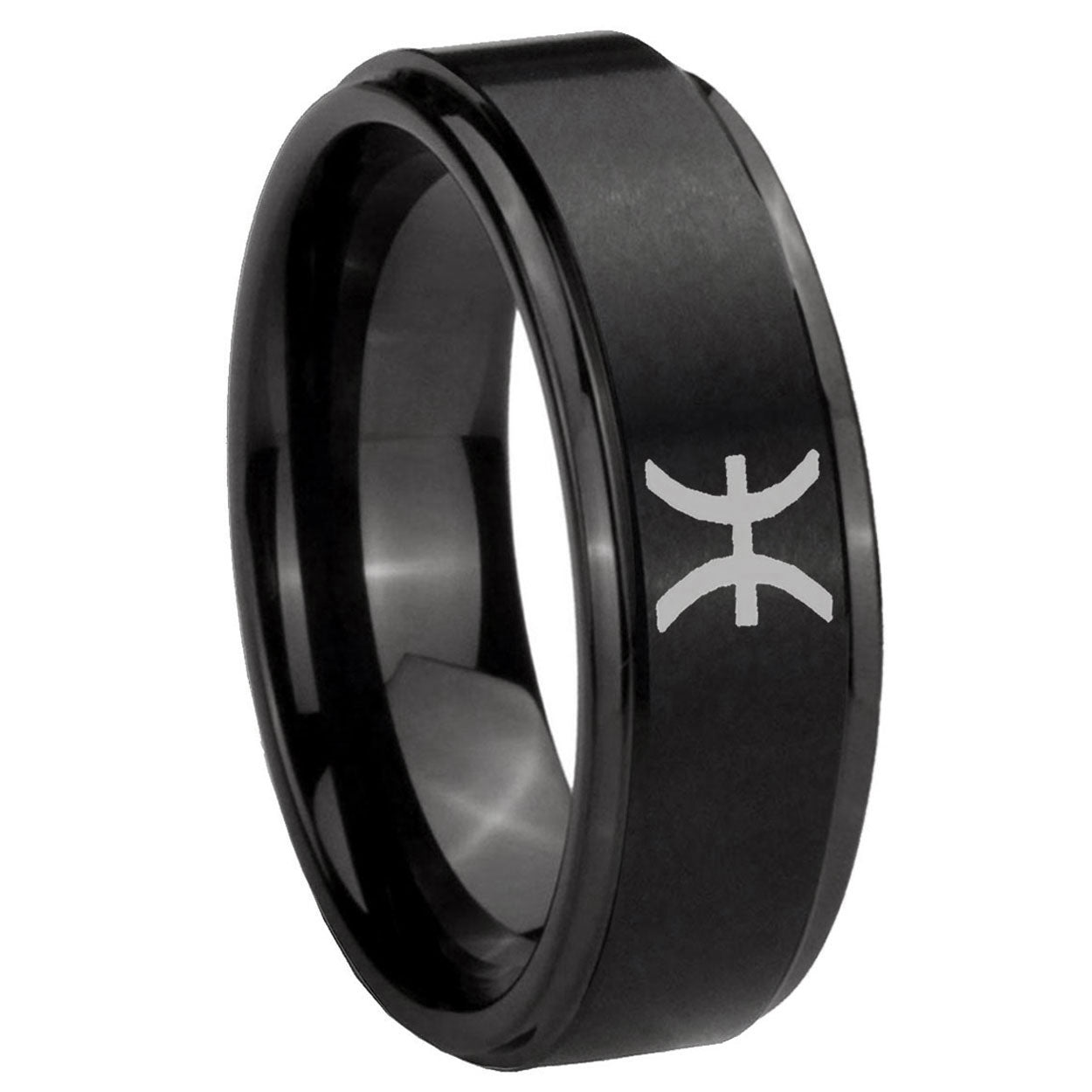 8mm Pisces Zodiac Step Edges Brush Black Tungsten Ring