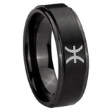 10mm Pisces Zodiac Step Edges Brush Black Tungsten Carbide Mens Engagement Band