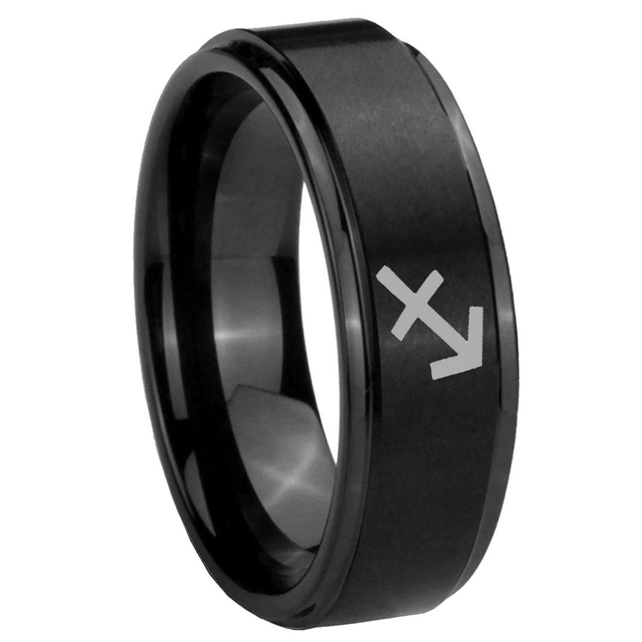 8mm Sagittarius Zodiac Step Edges Brush Black Tungsten Ring