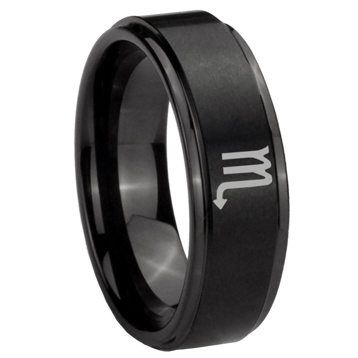 8mm Scorpio Horoscope Step Edges Brush Black Tungsten Ring