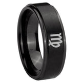 8mm Virgo Zodiac Step Edges Brush Black Tungsten Carbide Mens Anniversary Ring
