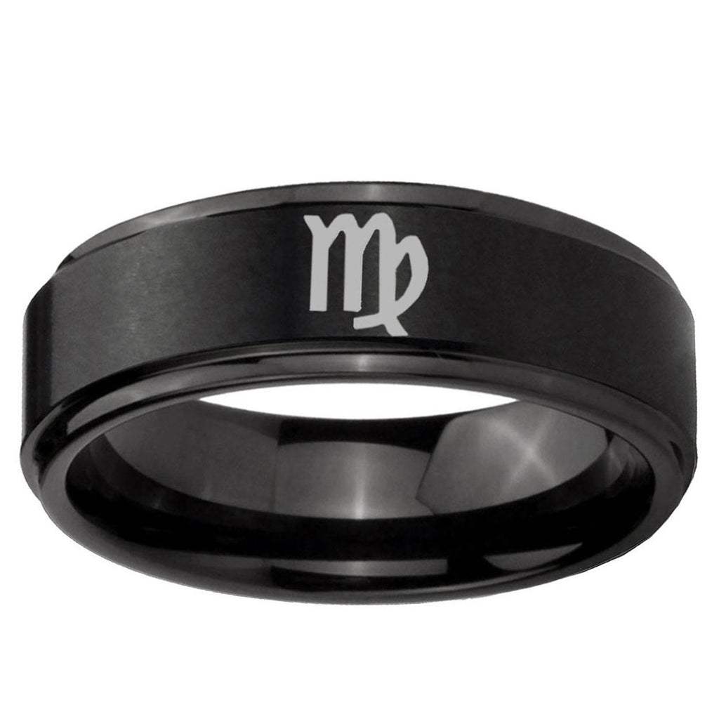 10mm Virgo Zodiac Step Edge Brush Black Tungsten Ring