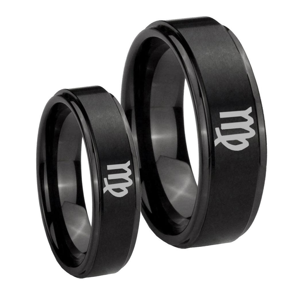 Virgo Zodiac Step Edges Brush Black Tungsten Couple Band Set