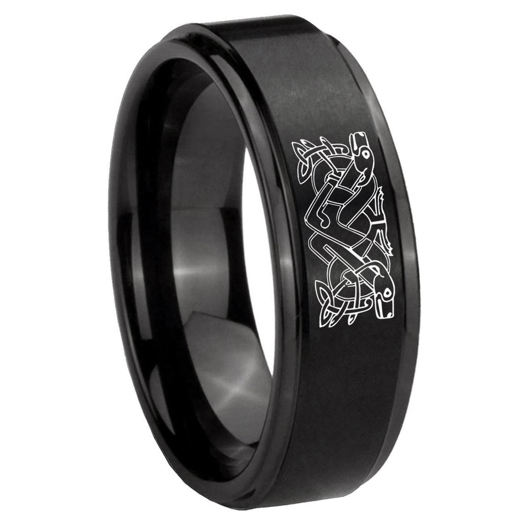 8mm Celtic Dog Step Edges Brush Black Tungsten Bands Ring