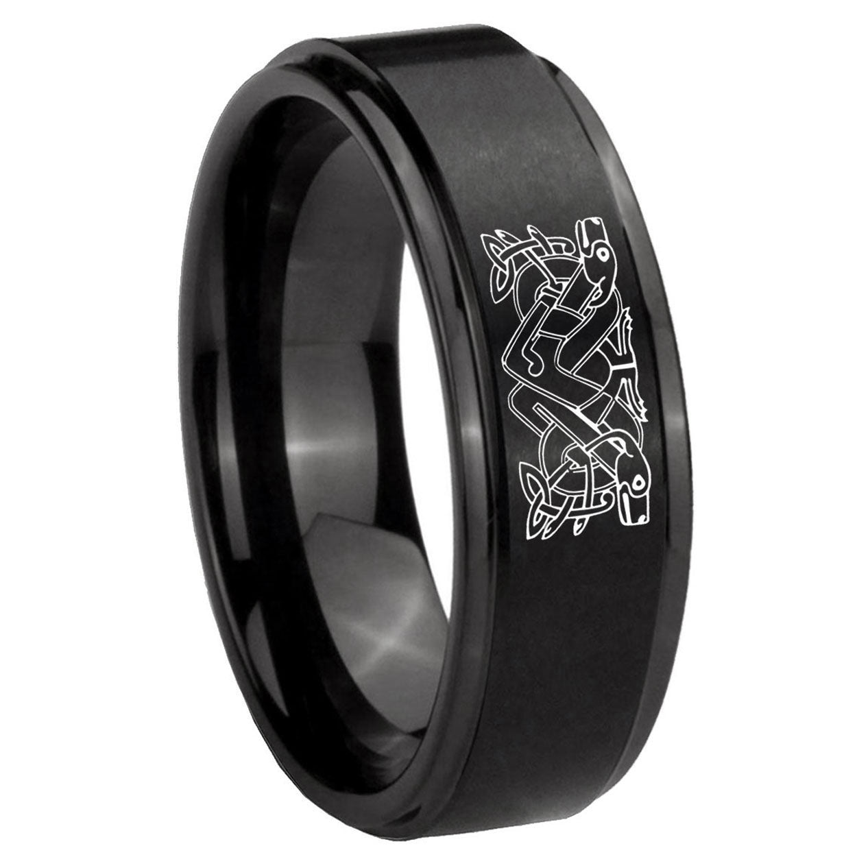 8mm Celtic Dog Step Edges Brush Black Tungsten Bands Ring