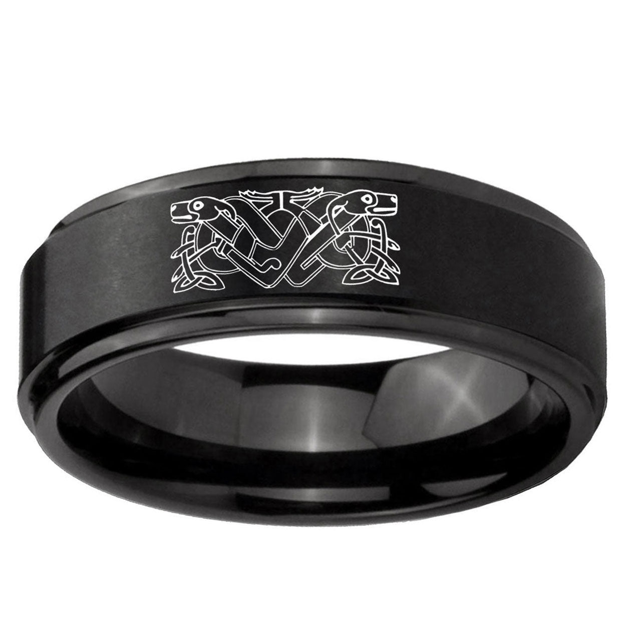 10mm Celtic Dog Step Edge Brush Black Tungsten Men's Promise Rings