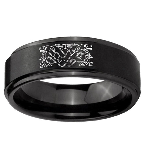 10mm Celtic Dog Step Edge Brush Black Tungsten Men's Promise Rings